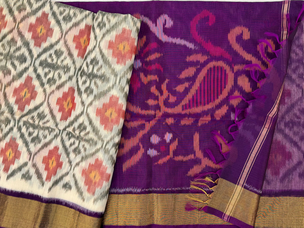 Off white with Purple Pochampally Ikkat Silk Cotton (SICO Pattu)