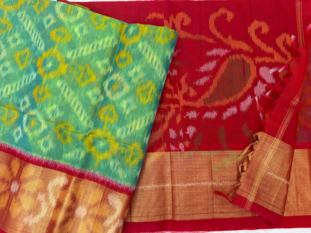 Sea Green with Red Pochampally Ikkat Silk Cotton (SICO Pattu)