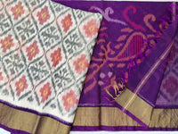 Cream with Purple Pochampally Ikkat Silk Cotton (SICO Pattu)