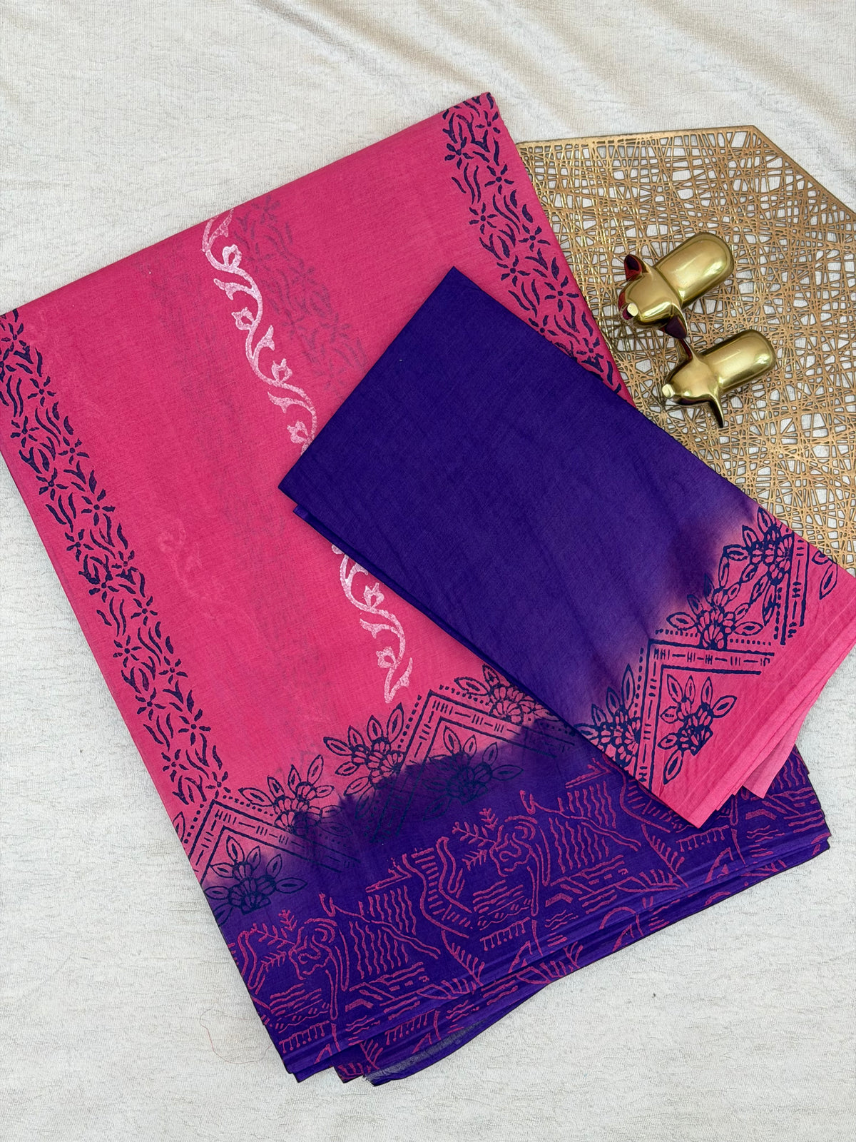 Pure Cotton with Hand Block Prints - Pink with Purple