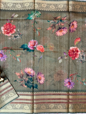 Unique Semi Tussar with Zari Border and Digital Prints - Green