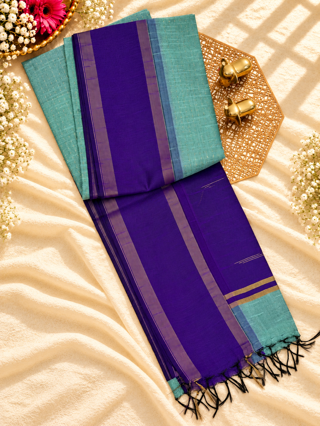 Semi Raw Silk - Sea Green with Purple