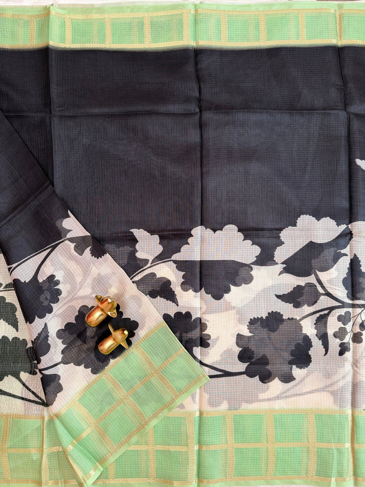 Premium Soft Semi Tussar Kota Weaving with Digital Prints - Cream with Green