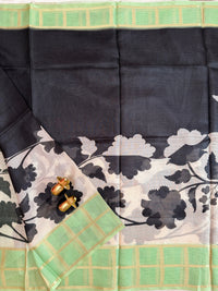 Premium Soft Semi Tussar Kota Weaving with Digital Prints - Cream with Green