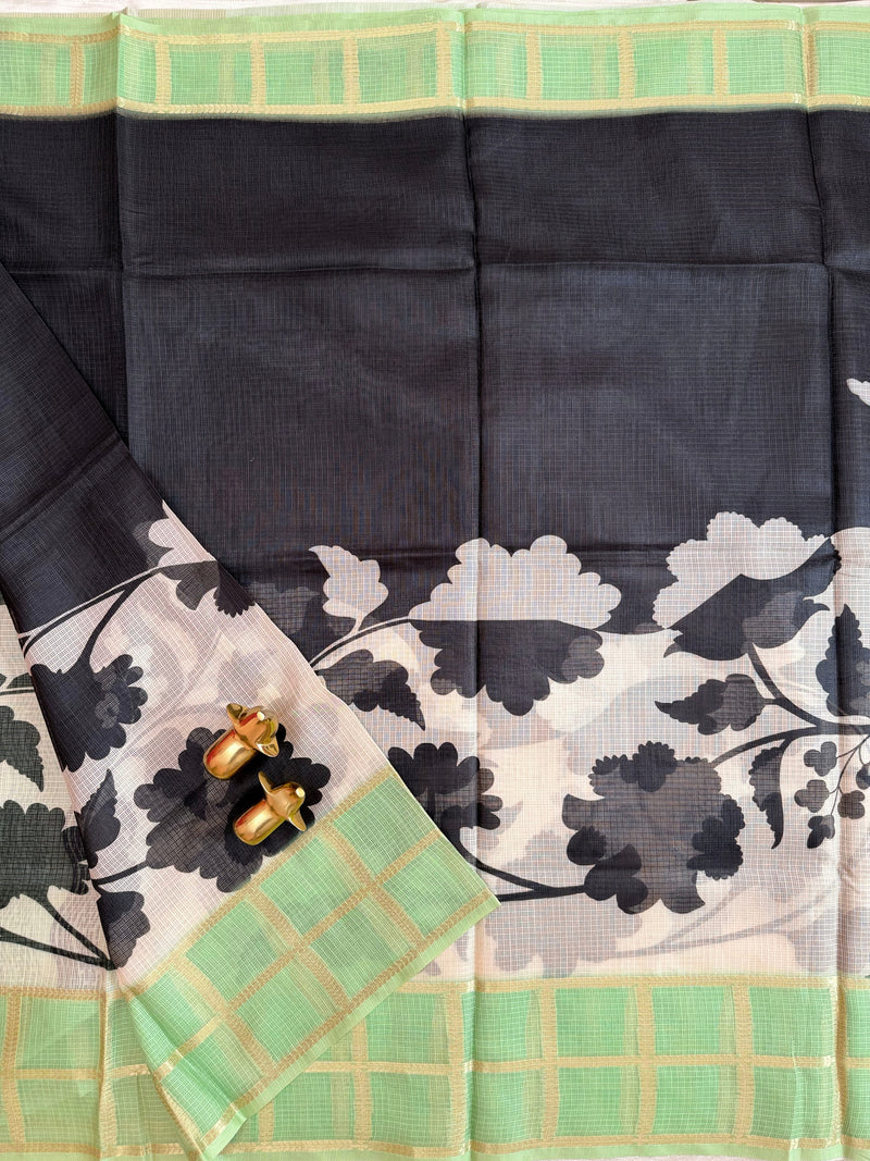 Premium Soft Semi Tussar Kota Weaving with Digital Prints - Cream with Green