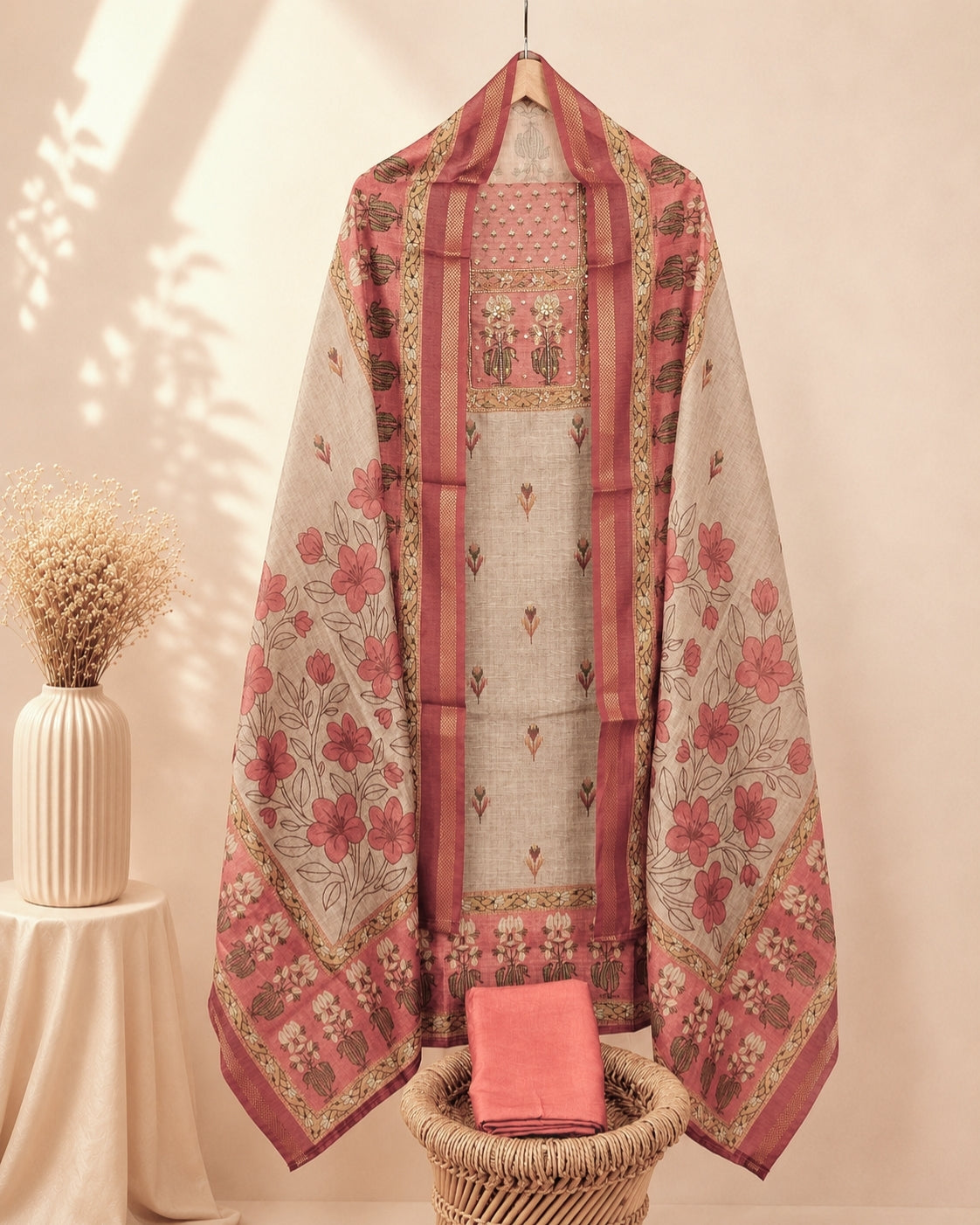 Matka Tussar Unstitched Salwar Suit  - Cream with Peach