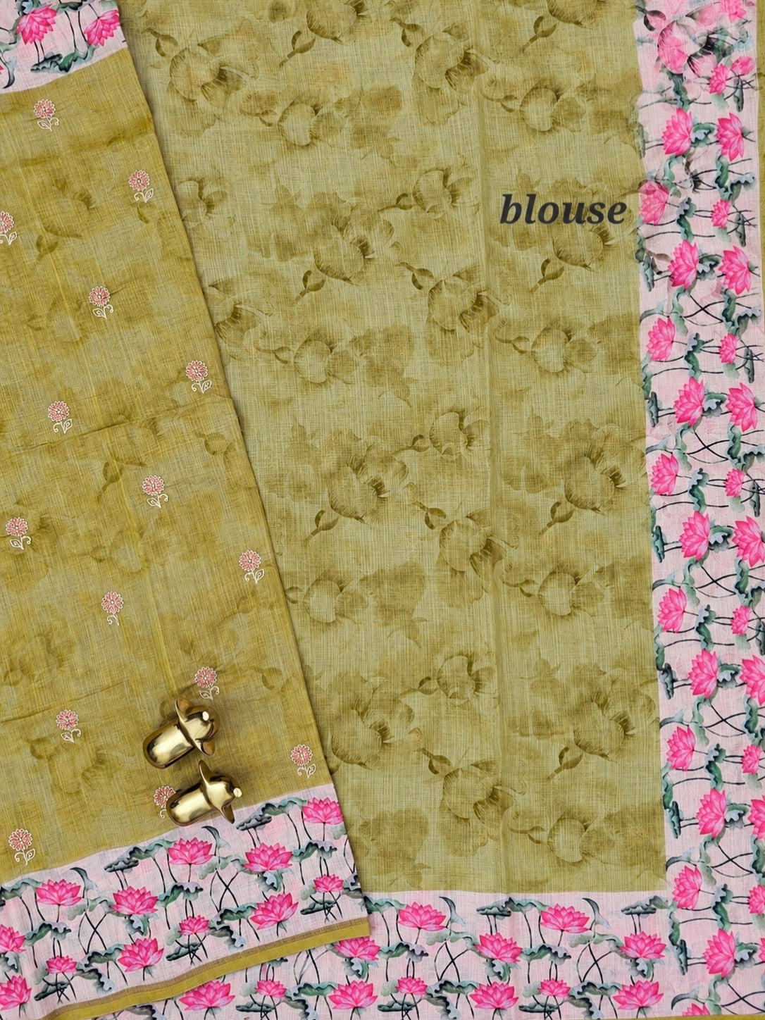 Linen Cotton with Emboridery Digital Printed Sarees - Mehndi Green