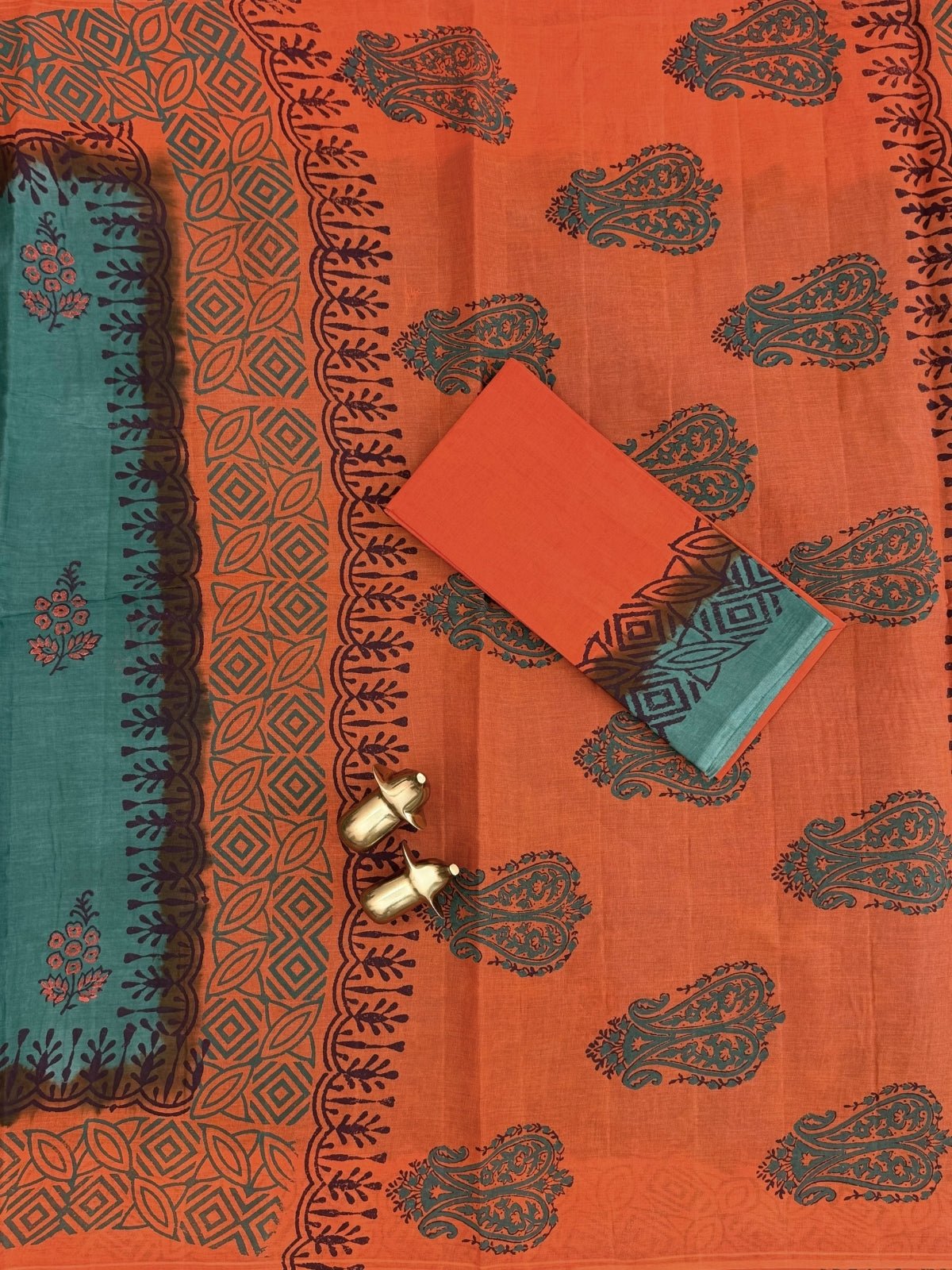 Pure Cotton with Hand Block Prints - Dark Green with Orange