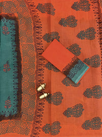 Pure Cotton with Hand Block Prints - Dark Green with Orange