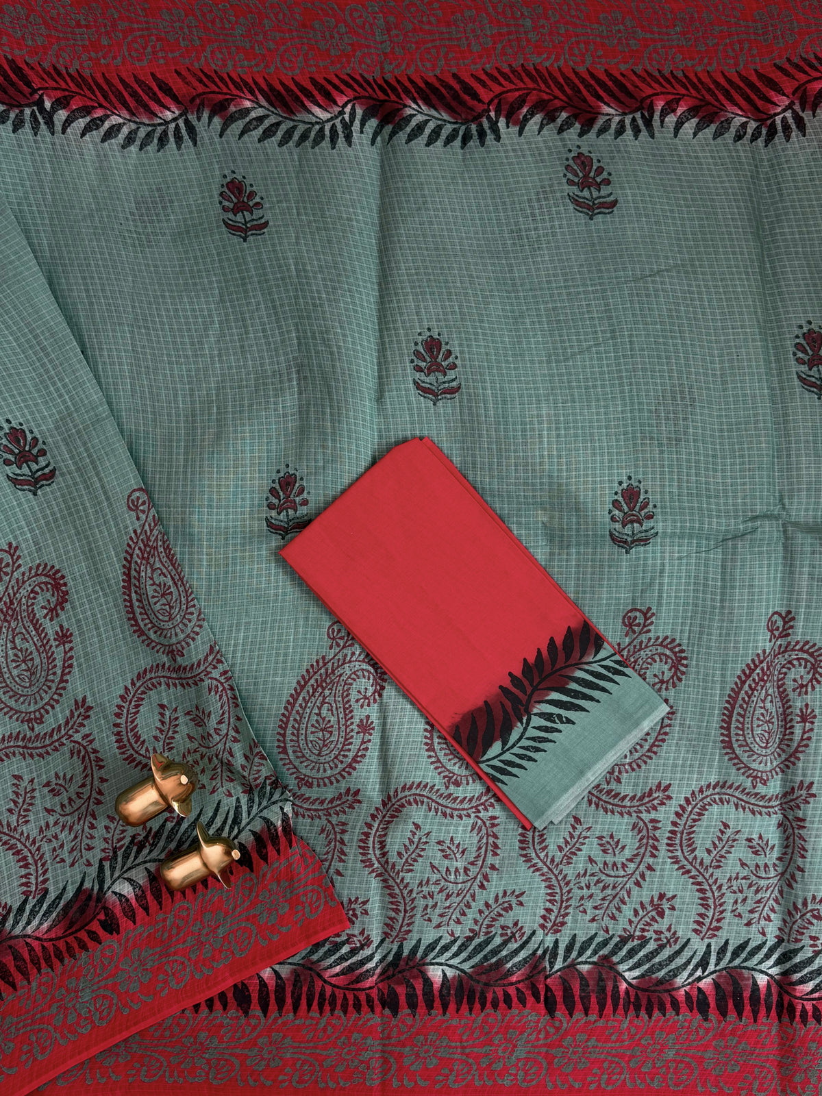 Pure Cotton with Checks Hand Block Prints - Green with Red