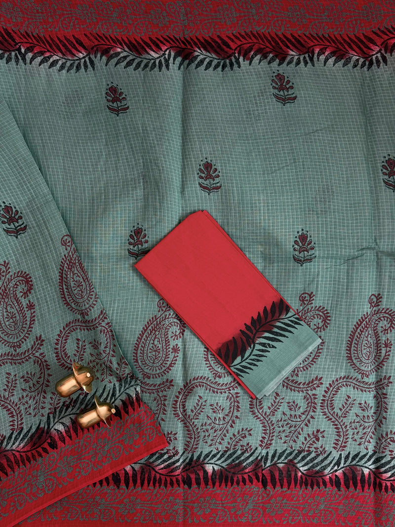 Pure Cotton with Checks Hand Block Prints - Green with Red