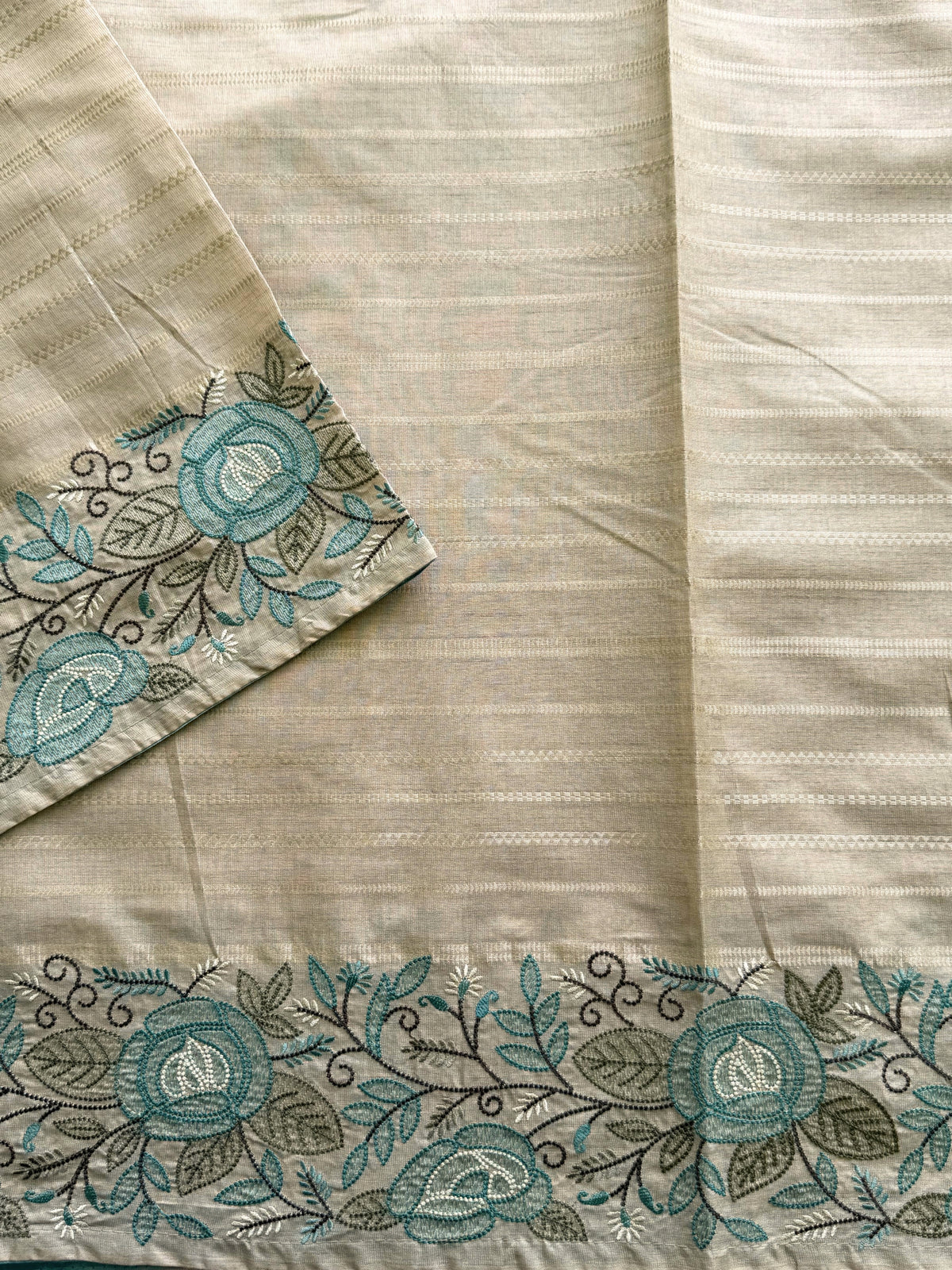 Premium Semi Tussar Zari Woven with Beautiful Emboridery Saree - Cream with Blue