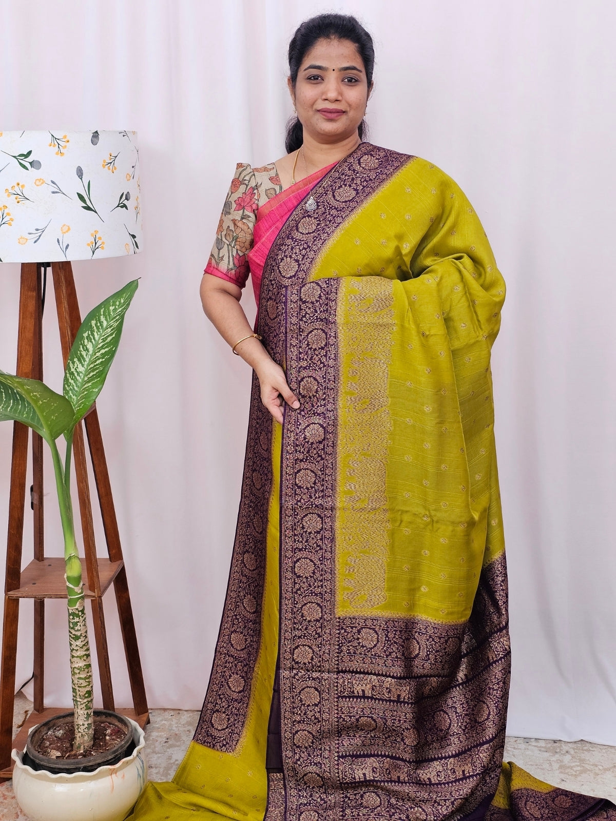 Jute Banarasi Silk Saree - Mustard Green with Purple