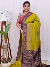 Jute Banarasi Silk Saree - Mustard Green with Purple