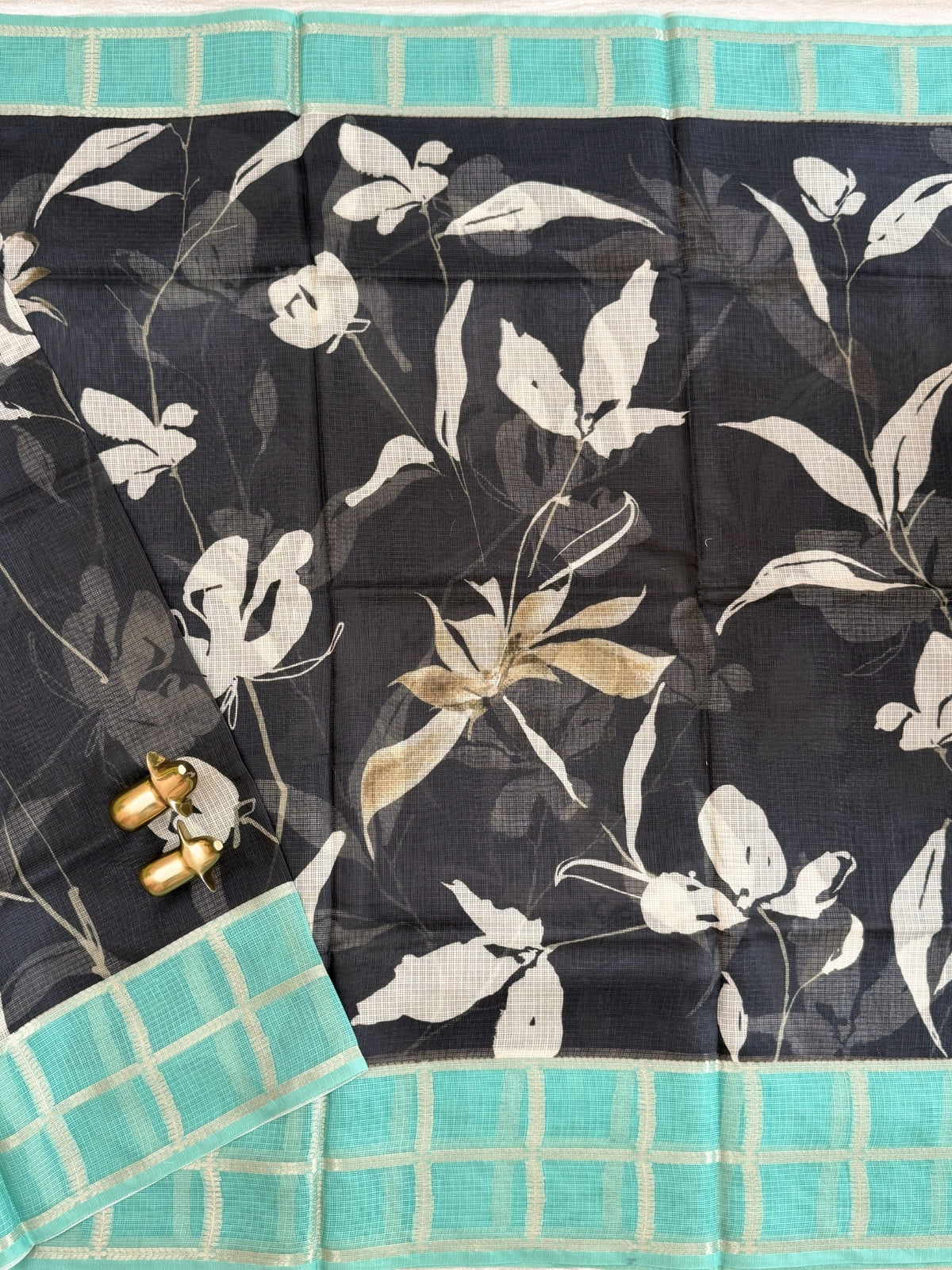 Premium Soft Semi Tussar Kota Weaving with Digital Prints - Black with Sea Green