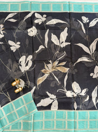 Premium Soft Semi Tussar Kota Weaving with Digital Prints - Black with Sea Green