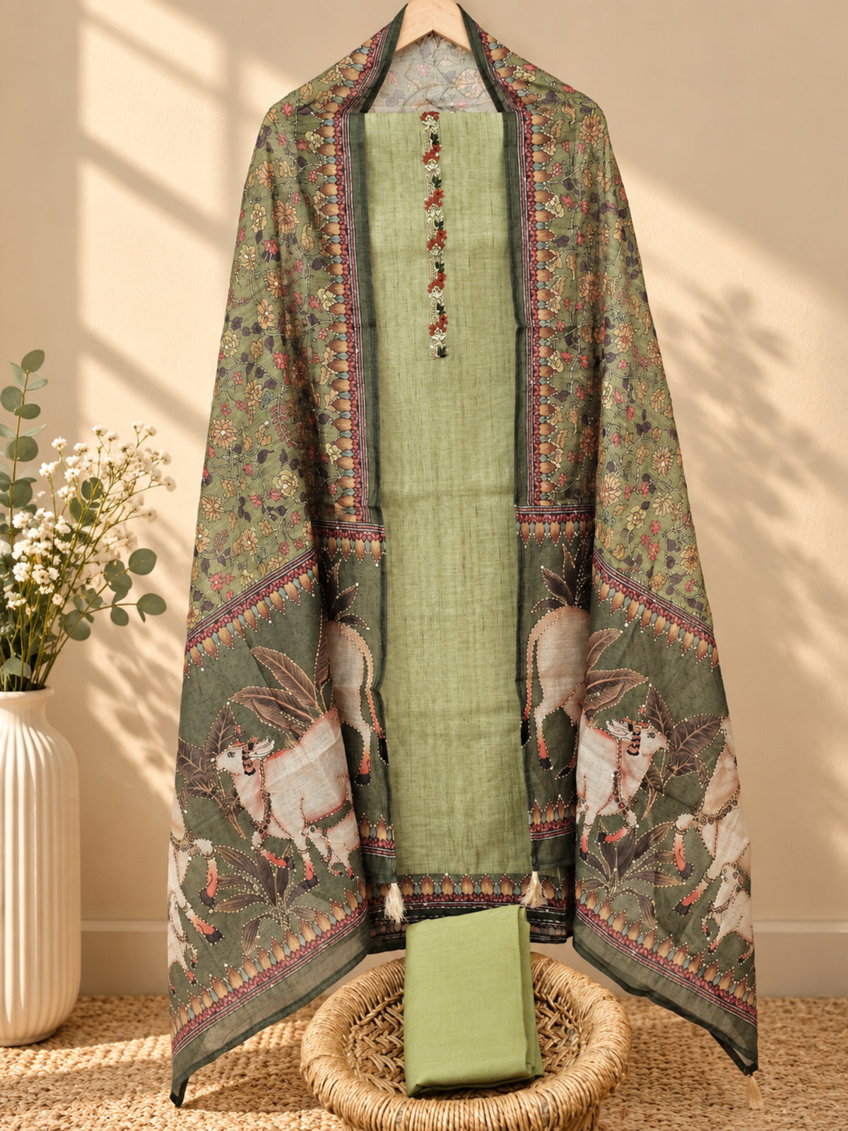 Chanderi with Kantha Unstitched Salwar Suit  - Green
