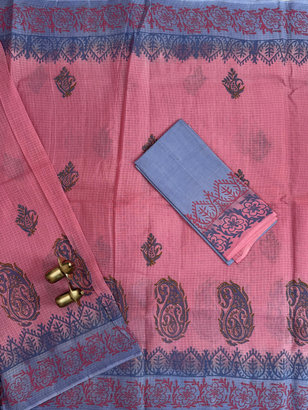 Pure Cotton with Checks Hand Block Prints - Pink with Blue