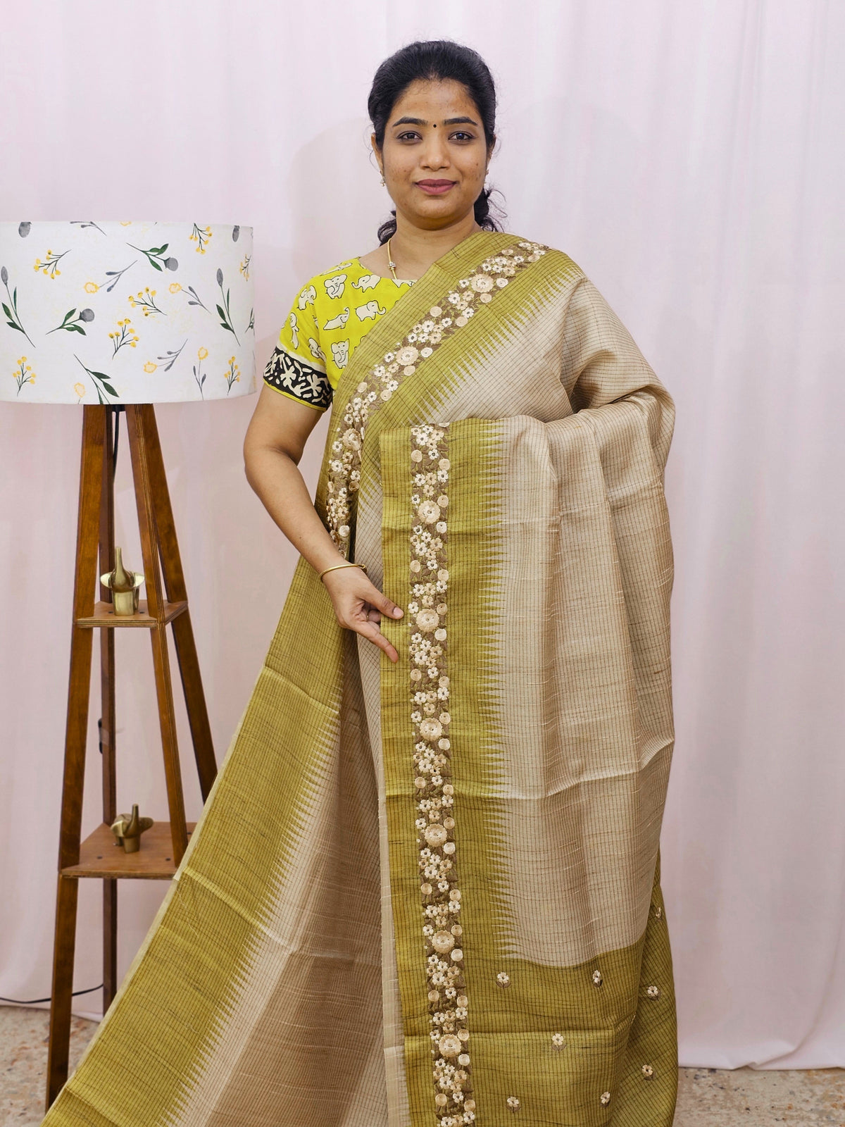 Premium Semi Tussar with  Heavy Floral Emboridery Saree - Mehndi Green
