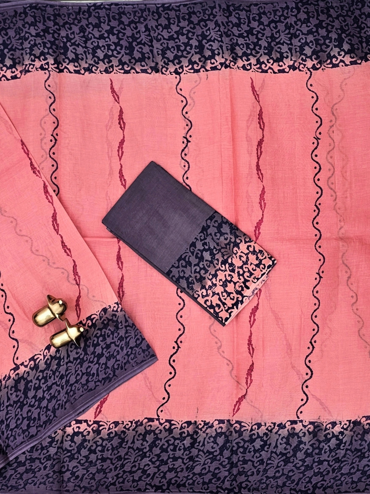 Pure Cotton with Hand Block Prints - Peach with Grey