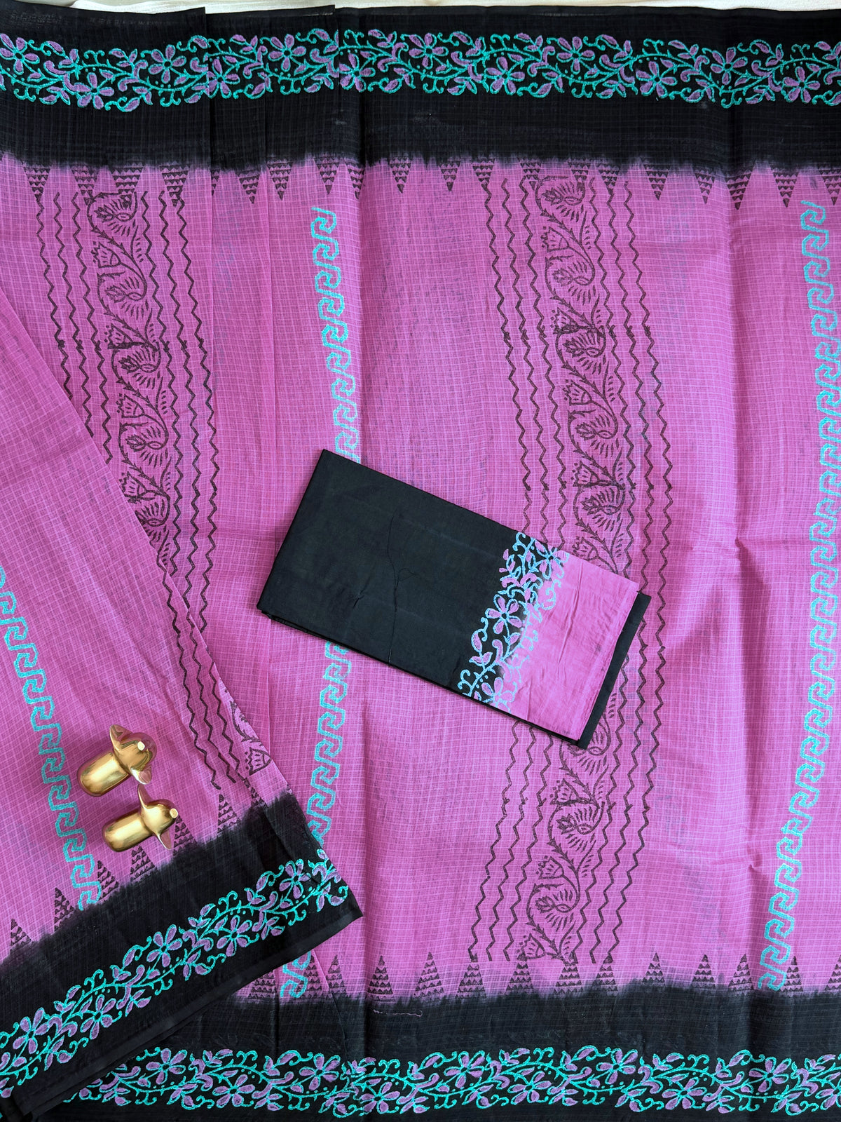 Pure Cotton with Checks Hand Block Prints - Pink with Black