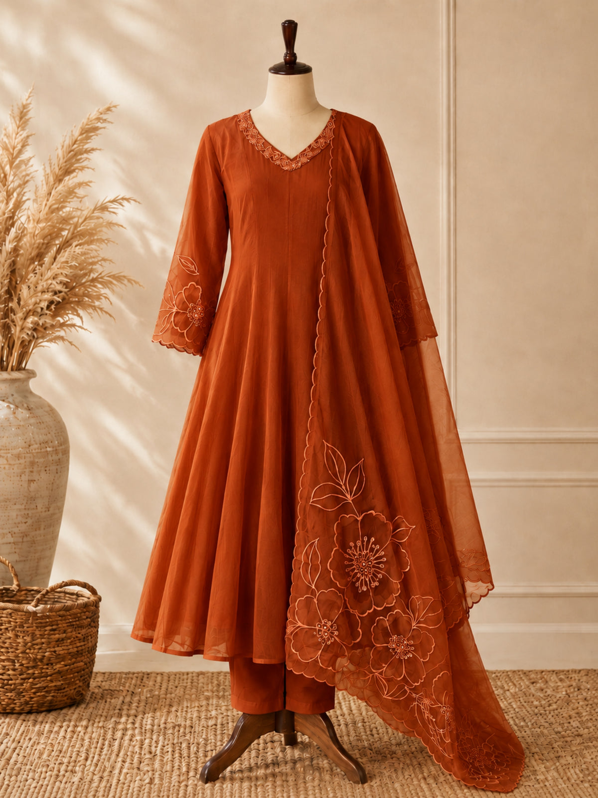 Mul Chanderi 3 pcs Salwar Suit -Rust Orange