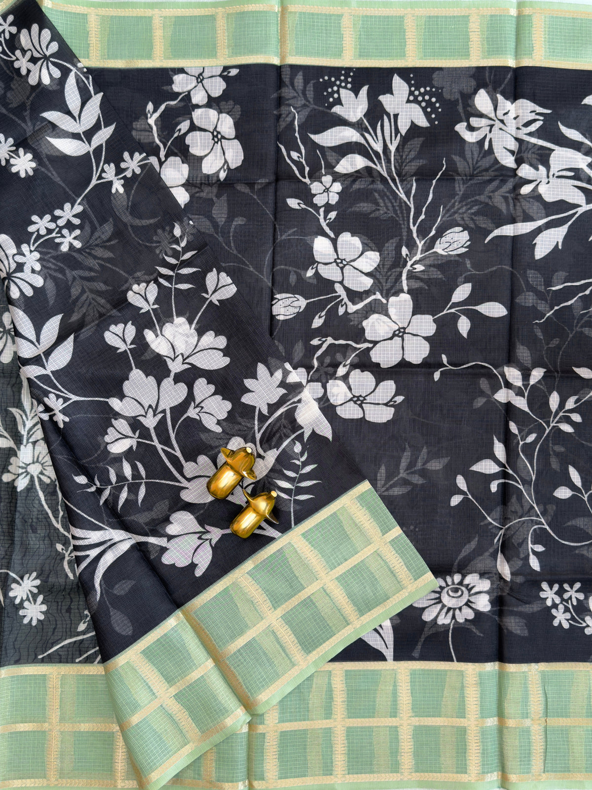 Premium Soft Semi Tussar Kota Weaving with Digital Prints - Black with Green