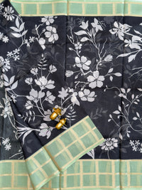 Premium Soft Semi Tussar Kota Weaving with Digital Prints - Black with Green