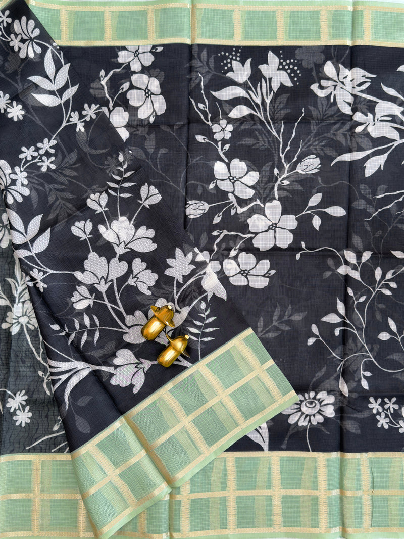 Premium Soft Semi Tussar Kota Weaving with Digital Prints - Black with Green