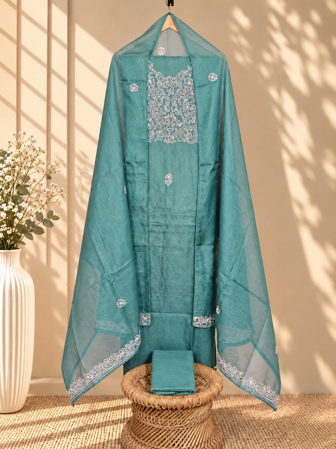 Soft Tussar Kota Weaving Unstitched Salwar - Rama Green