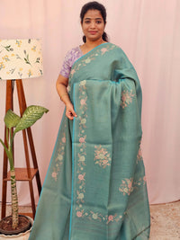 Linen Tissue with Zari Weaving Digital Printed Sarees - Sea Green