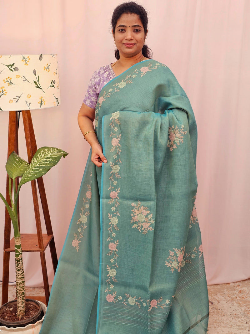 Linen Tissue with Zari Weaving Digital Printed Sarees - Sea Green