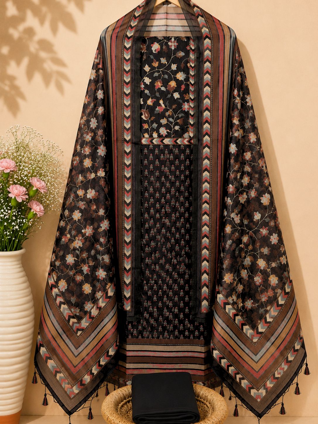 Linen Tissue Unstitched Salwar - Black