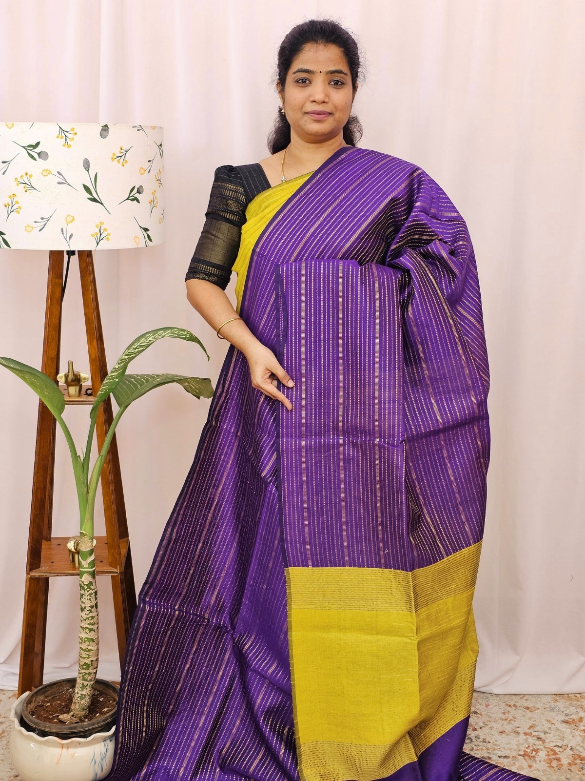 Semi Raw Silk - Purple with Yellow