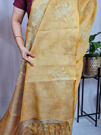 Linen Tissue with Aari Work - Mustard Yellow