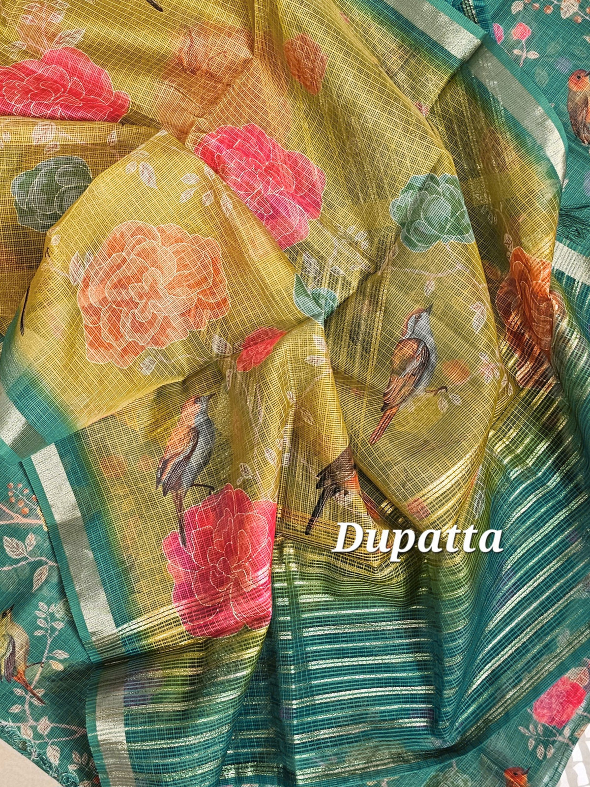 Semi Tussar Kota Weaving Unstitched Salwar - Rama Green with Green