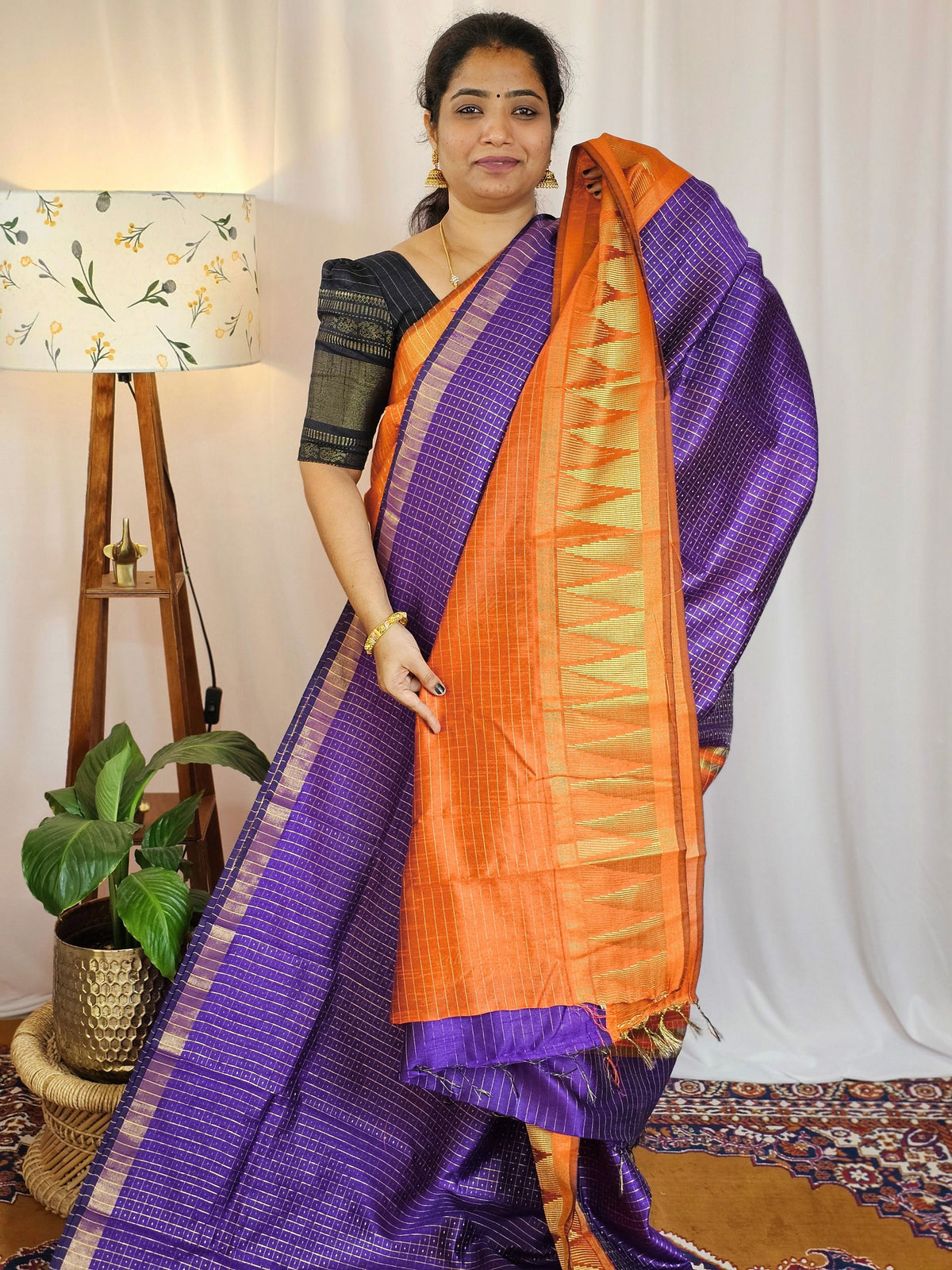 Semi Raw Silk Saree - Purple with Orange