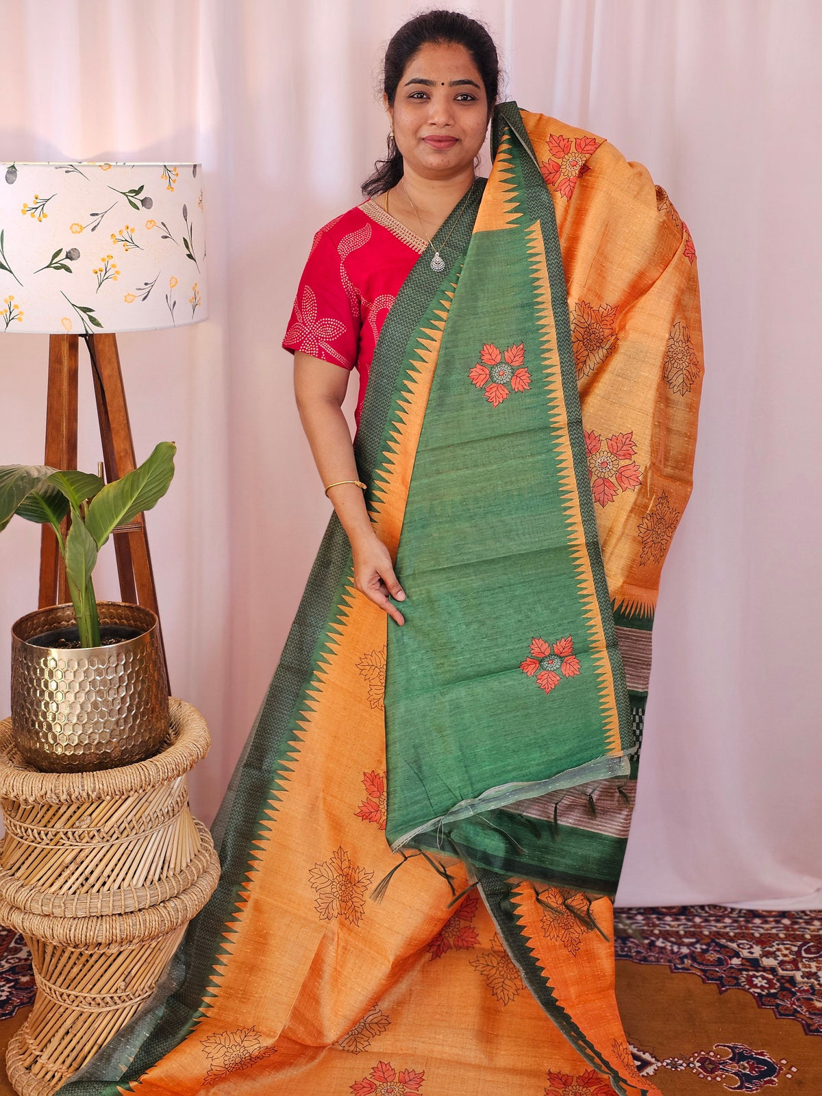Premium Soft Semi Tussar with Digital Prints - Orange with Green