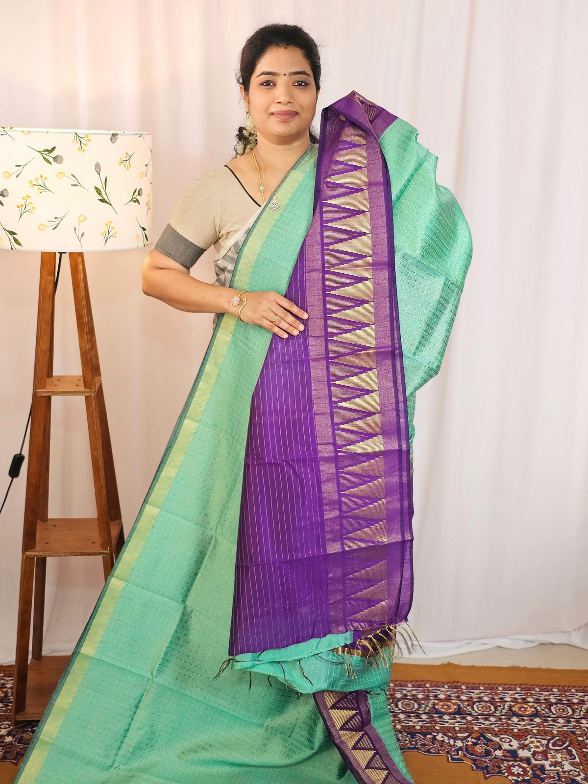 Semi Raw Silk Saree - Teal Green with Purple