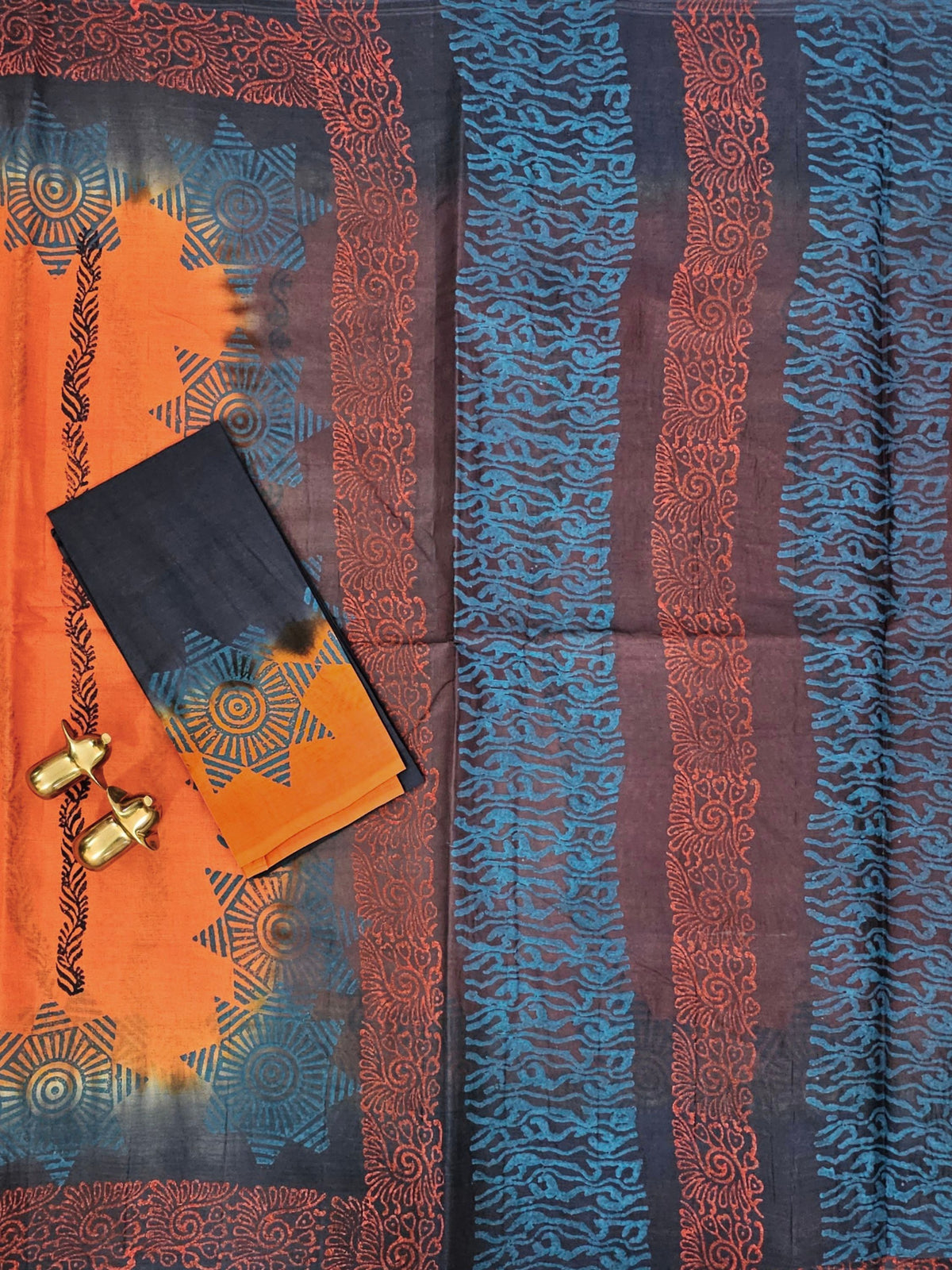 Pure Cotton with Hand Block Prints - Orange with Dark Grey