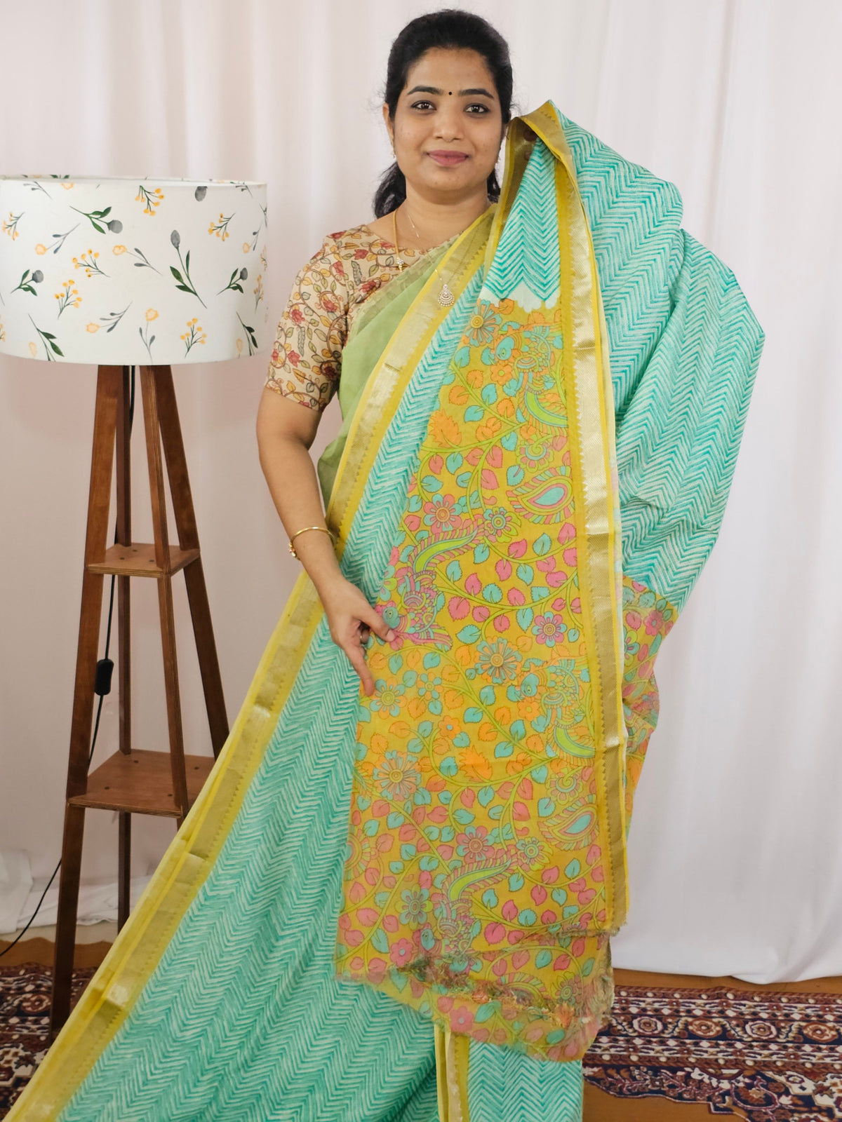 Handwoven Mangalagiri Pattu Saree with Digital Prints  - Green with Yellow
