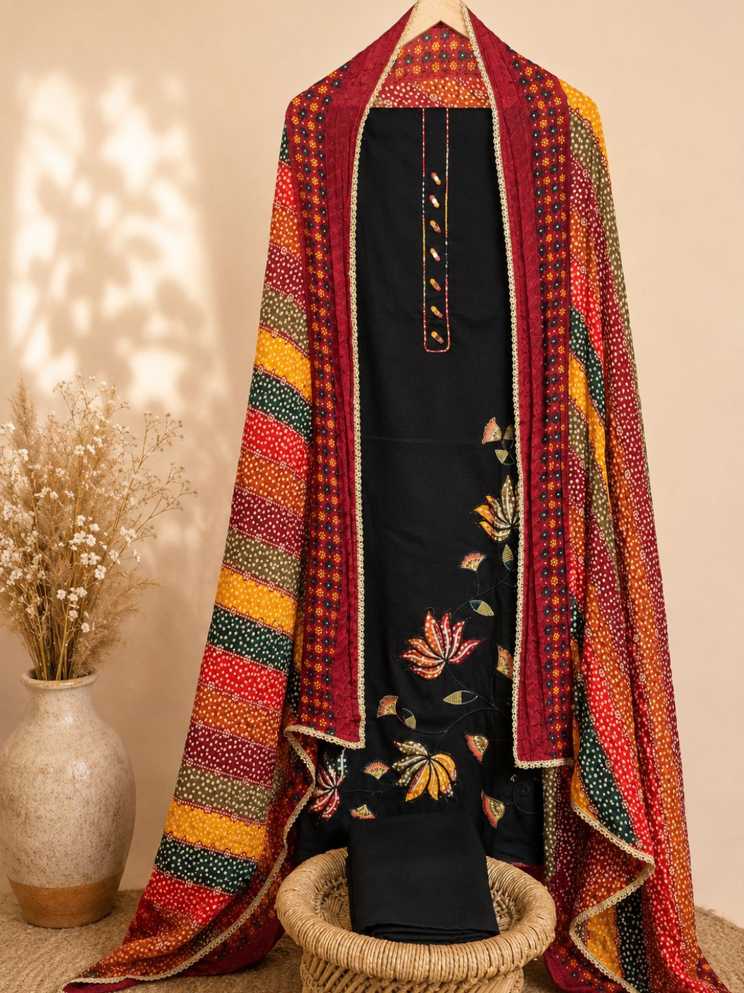 Soft Silk Cotton Unstitched Salwar  – Black with Multi Shade