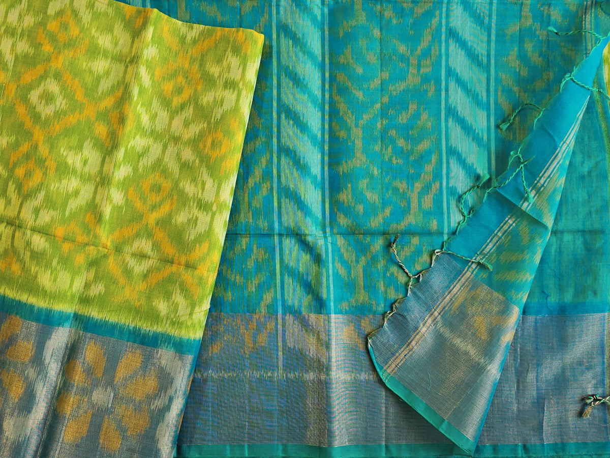 Yellow with Blue Pochampally Ikkat Silk Cotton (SICO Pattu)