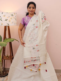 Premium Soft Linen Tissue with Hand Emboridery - White