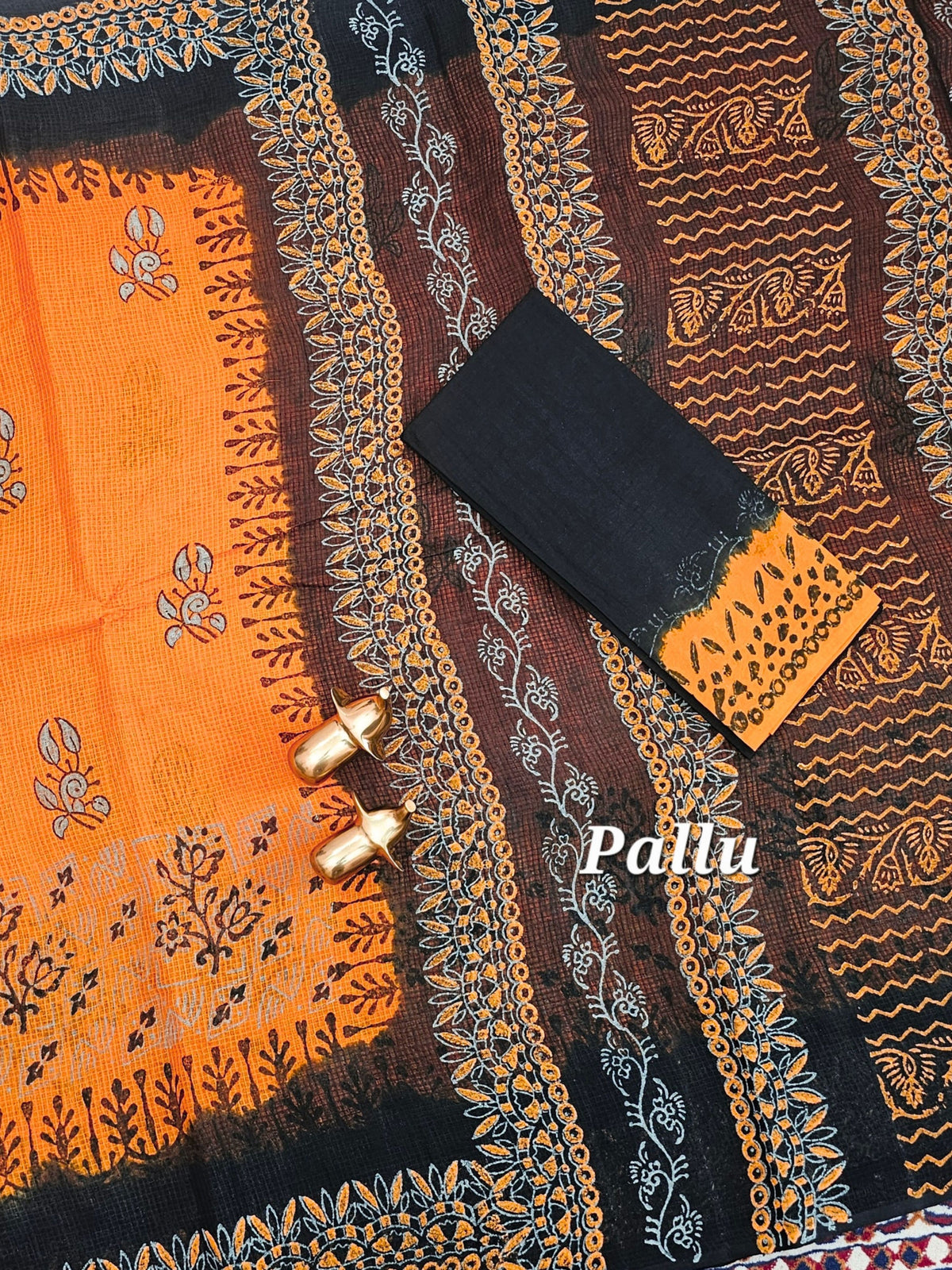 Pure Cotton with Checks Hand Block Prints - Orange with Black