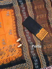 Pure Cotton with Checks Hand Block Prints - Orange with Black