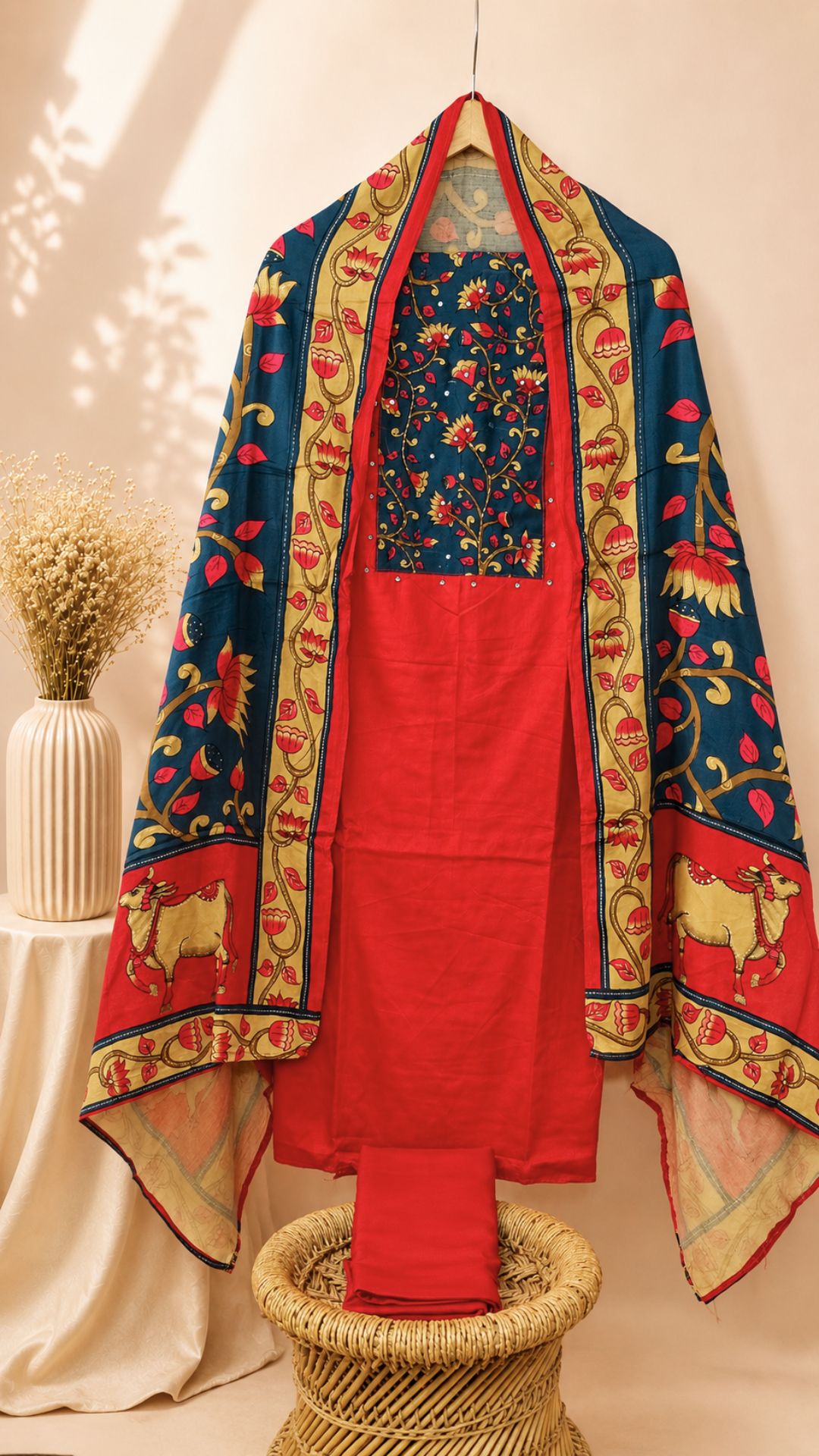 Soft Silk Cotton Unstitched Salwar  – Red with Peacock Blue