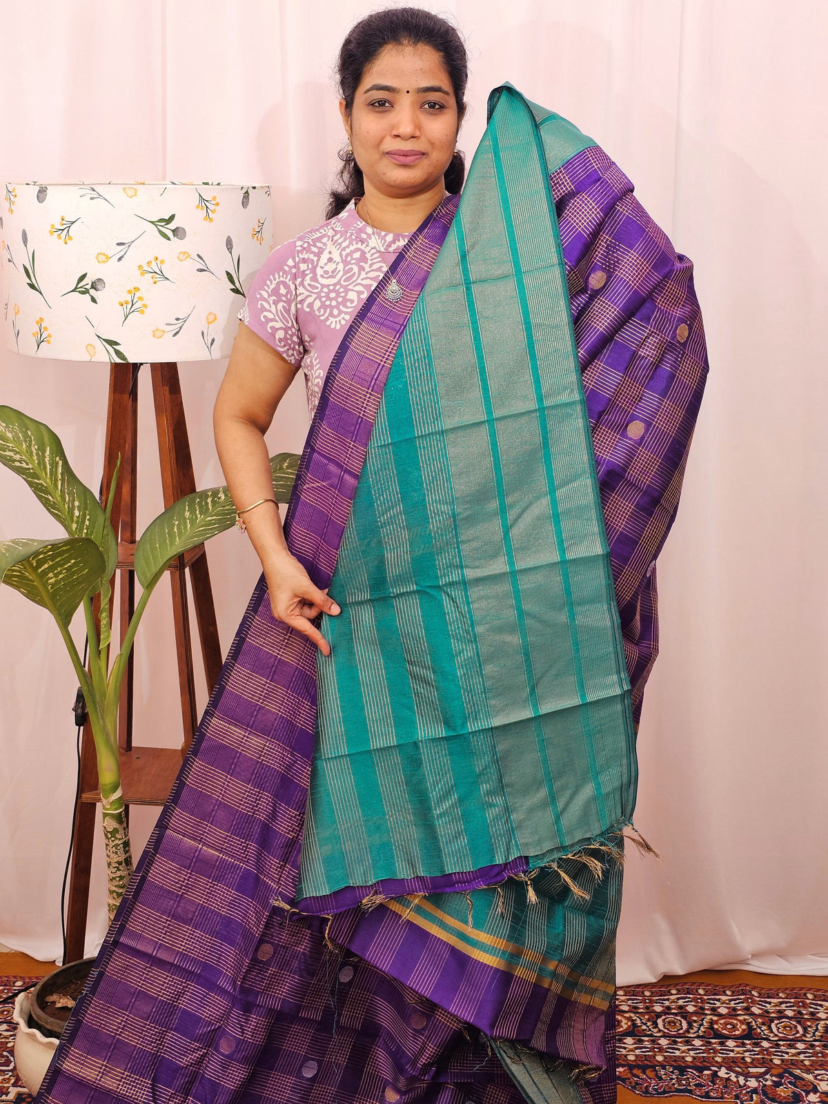 Semi Raw Silk Saree - Purple with Blue