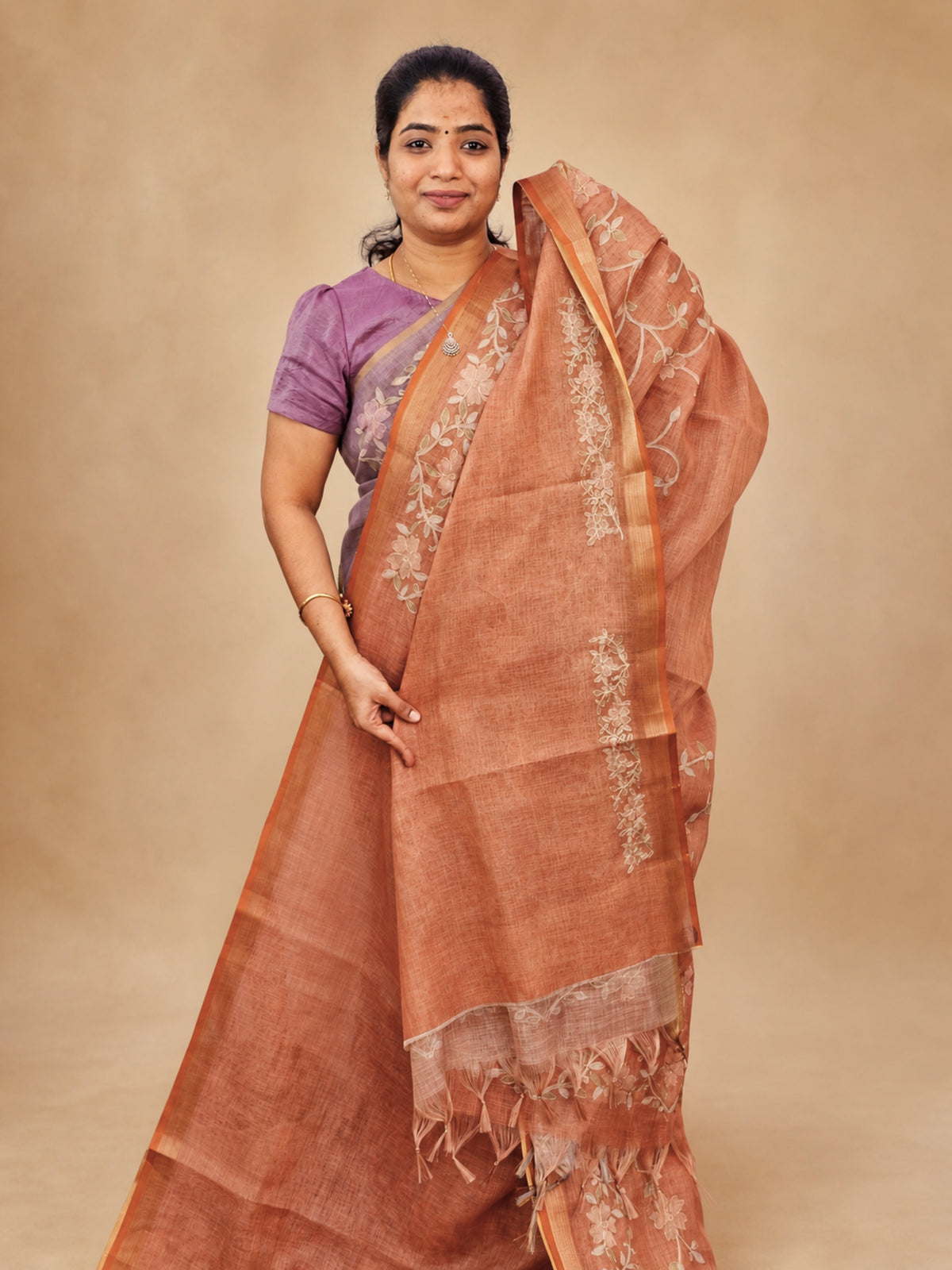 Linen Tissue with Aari Work - Orange