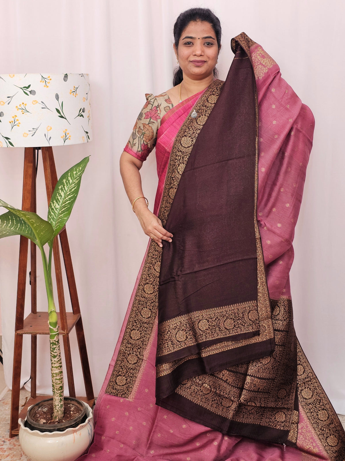 Jute Banarasi Silk Saree - Onion Pink with Brown